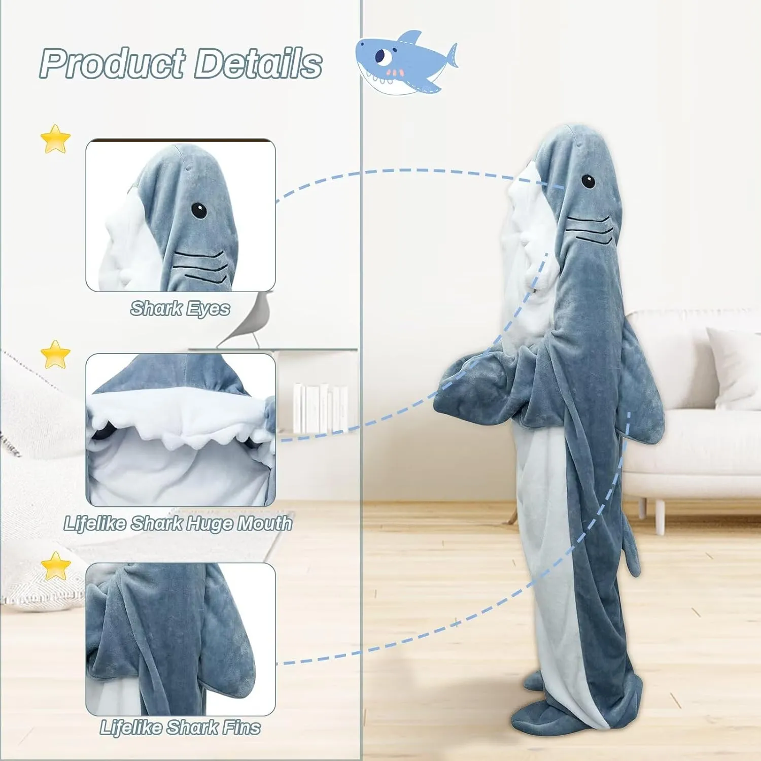 Shark Onesie Shark Blanket Hoodies Wearable Shark Blanket Soft Flannel Shark Costume Sleeping Bag Shark Pajamas