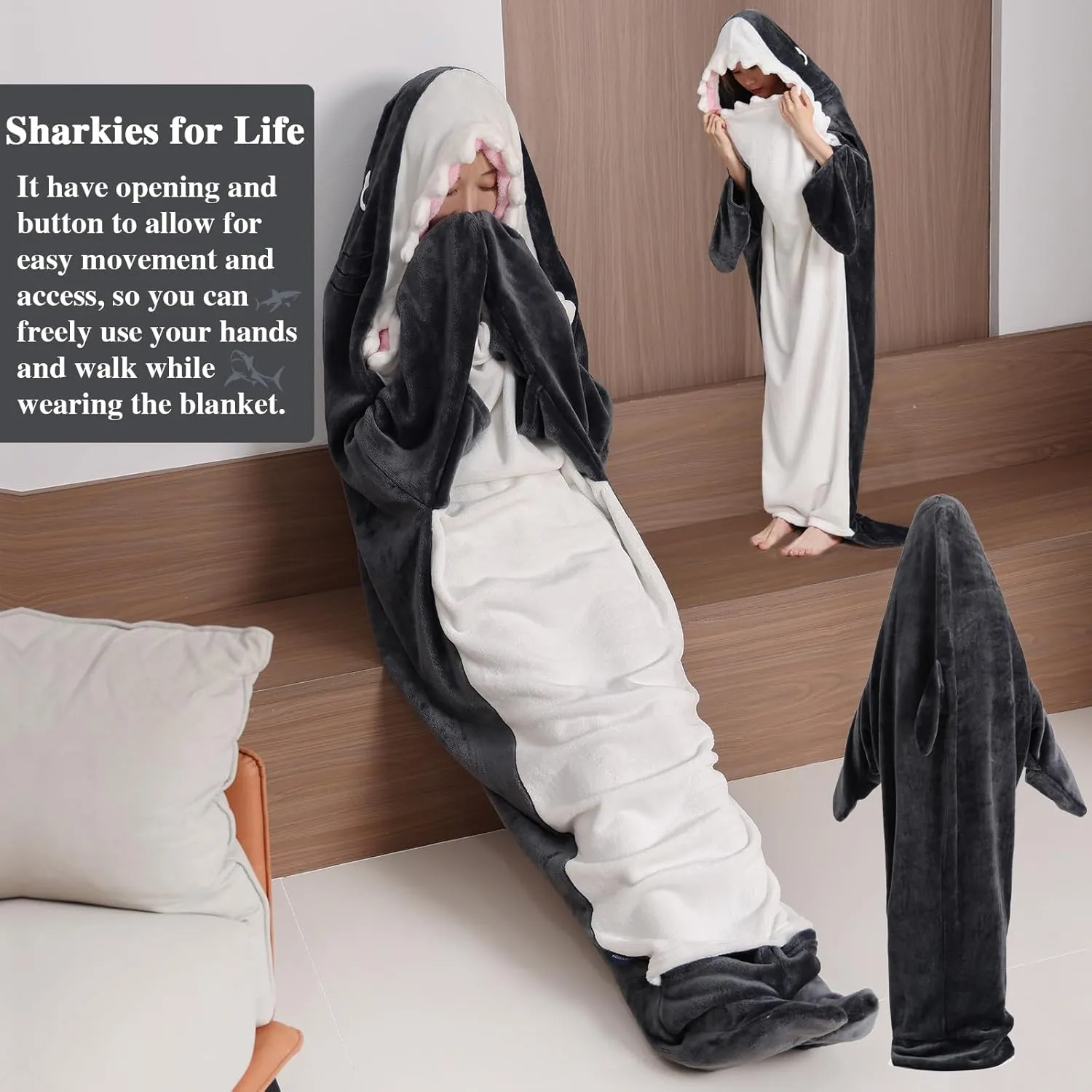 Shark Wearable Blanket Hoodie Onesie Super Soft Cozy Flannel Blanket Costume Sleeping Bag (L for 62-69 Inch Height)