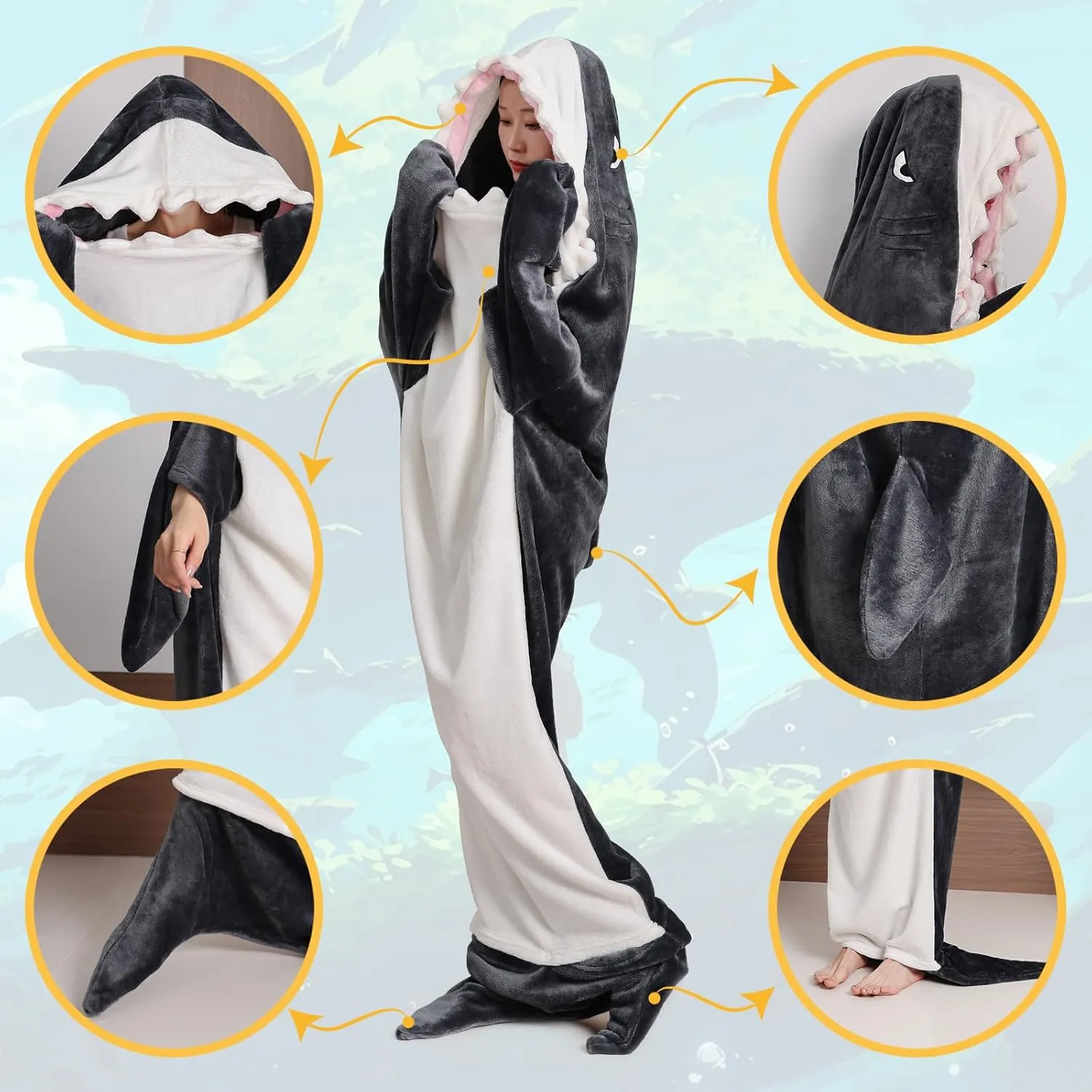 Shark Wearable Blanket Hoodie Onesie Super Soft Cozy Flannel Blanket Costume Sleeping Bag (L for 62-69 Inch Height)