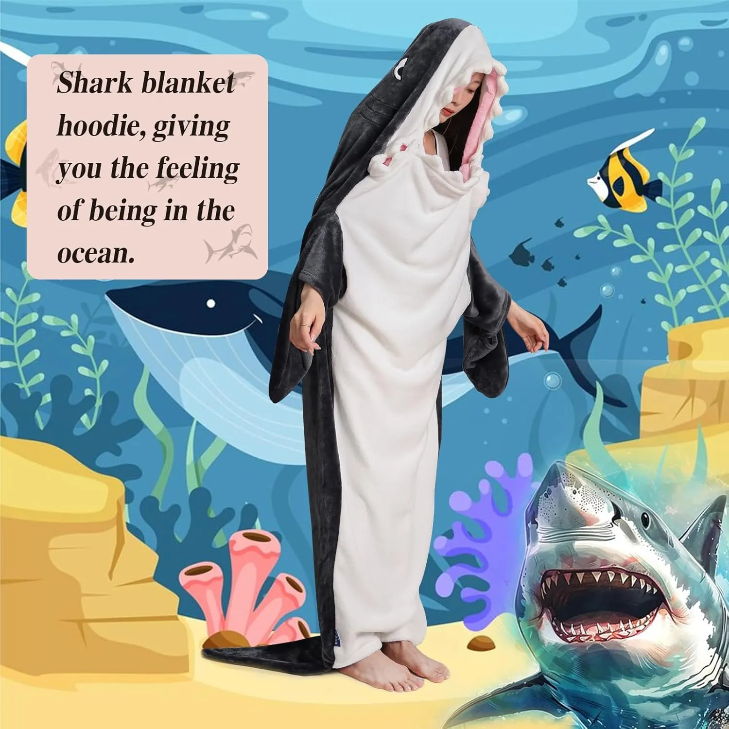 Shark Wearable Blanket Hoodie Onesie Super Soft Cozy Flannel Blanket Costume Sleeping Bag (L for 62-69 Inch Height)