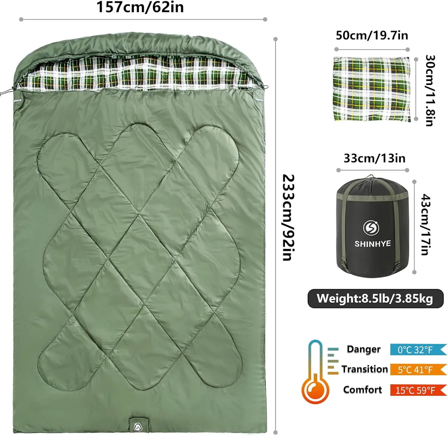 ShinHye Double Sleeping Bag for Adults with 2 Pillows, Camping Sleeping Bags Flannel Cotton 2 Person Sleeping Bags XXL Queen Size Sleeping Bag for Cold Weather