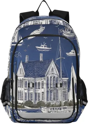 Ship Ocean Blue Wharf Boys Girls School Bag Large Capacity Travel Backpack Bookbag with Chest Strap