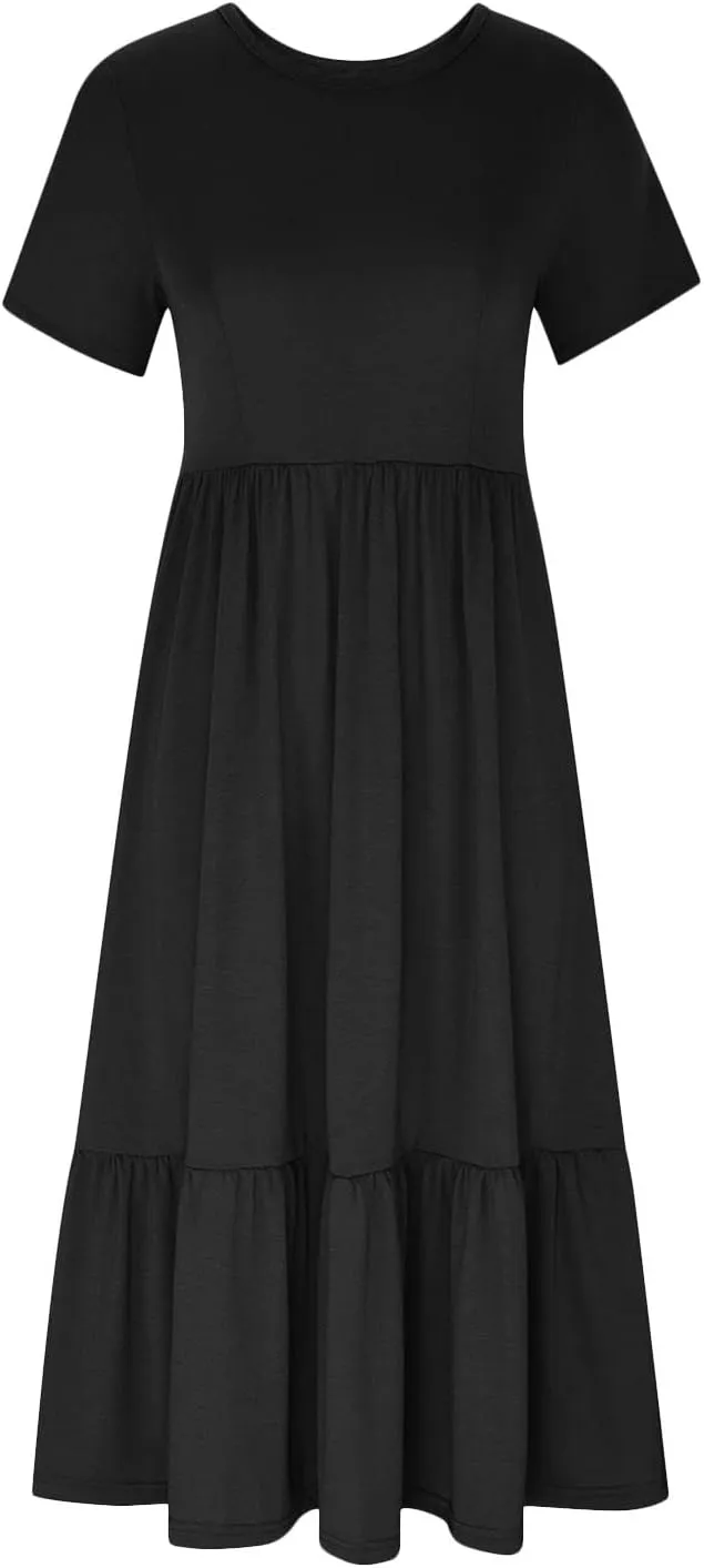 Short Sleeve Shirt Dresses for Women Dressy 2023 Casual Loose Ruffle Flowy Maxi Long Dress with Pockets