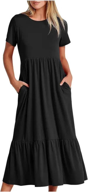 Short Sleeve Shirt Dresses for Women Dressy 2023 Casual Loose Ruffle Flowy Maxi Long Dress with Pockets