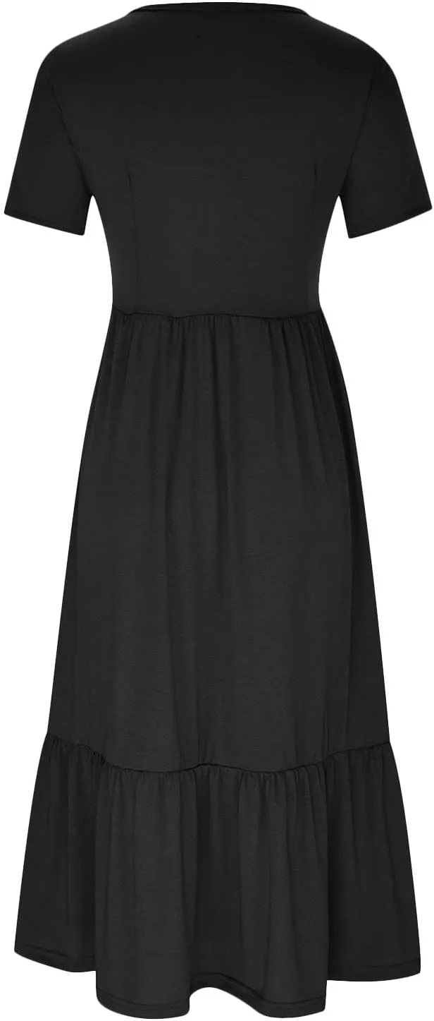 Short Sleeve Shirt Dresses for Women Dressy 2023 Casual Loose Ruffle Flowy Maxi Long Dress with Pockets