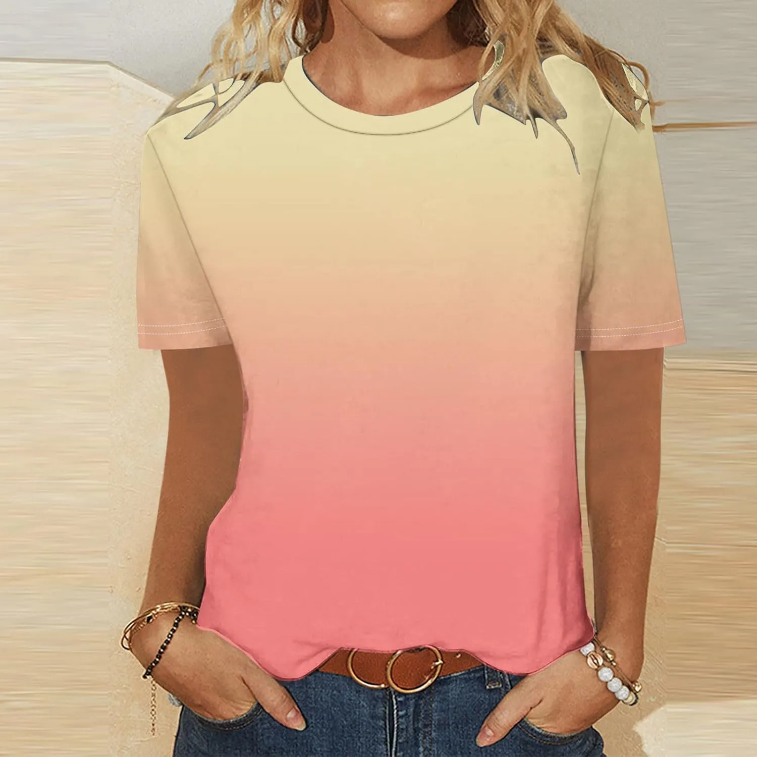 Short Sleeve Tshirt Shirts for Women Trendy Crew Neck Tie Dye Gradient Print Causal Blouses Ladies Cute Summer Tops