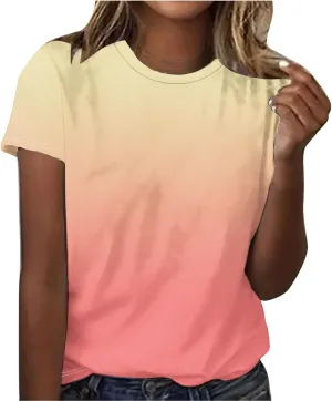 Short Sleeve Tshirt Shirts for Women Trendy Crew Neck Tie Dye Gradient Print Causal Blouses Ladies Cute Summer Tops
