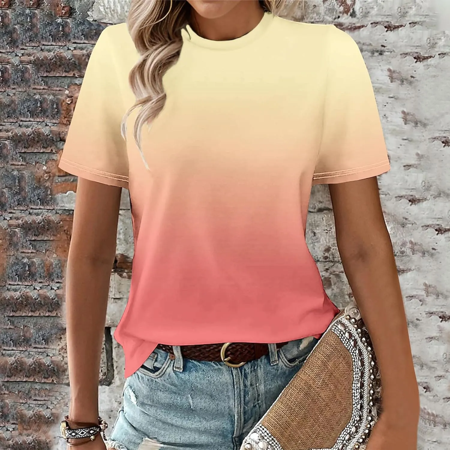 Short Sleeve Tshirt Shirts for Women Trendy Crew Neck Tie Dye Gradient Print Causal Blouses Ladies Cute Summer Tops