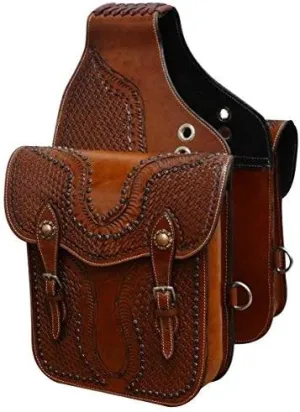 Showman Basket Weave Tooled Leather Saddle Bag w/Antique Copper Conchos & Studs