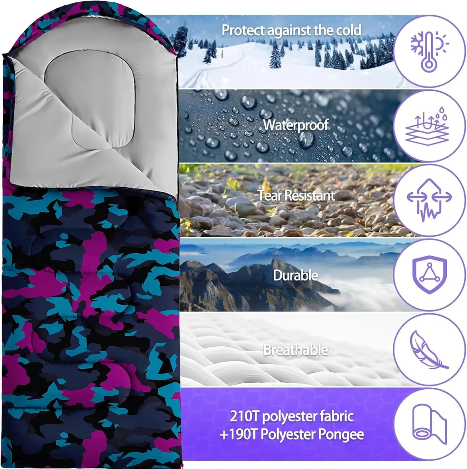 Sleeping Bags for Adults and Kids Backpacking Camping Sleeping Bags for Girls and Boys Lightweight Waterproof Cold/Warm Sleeping Bag for All Season