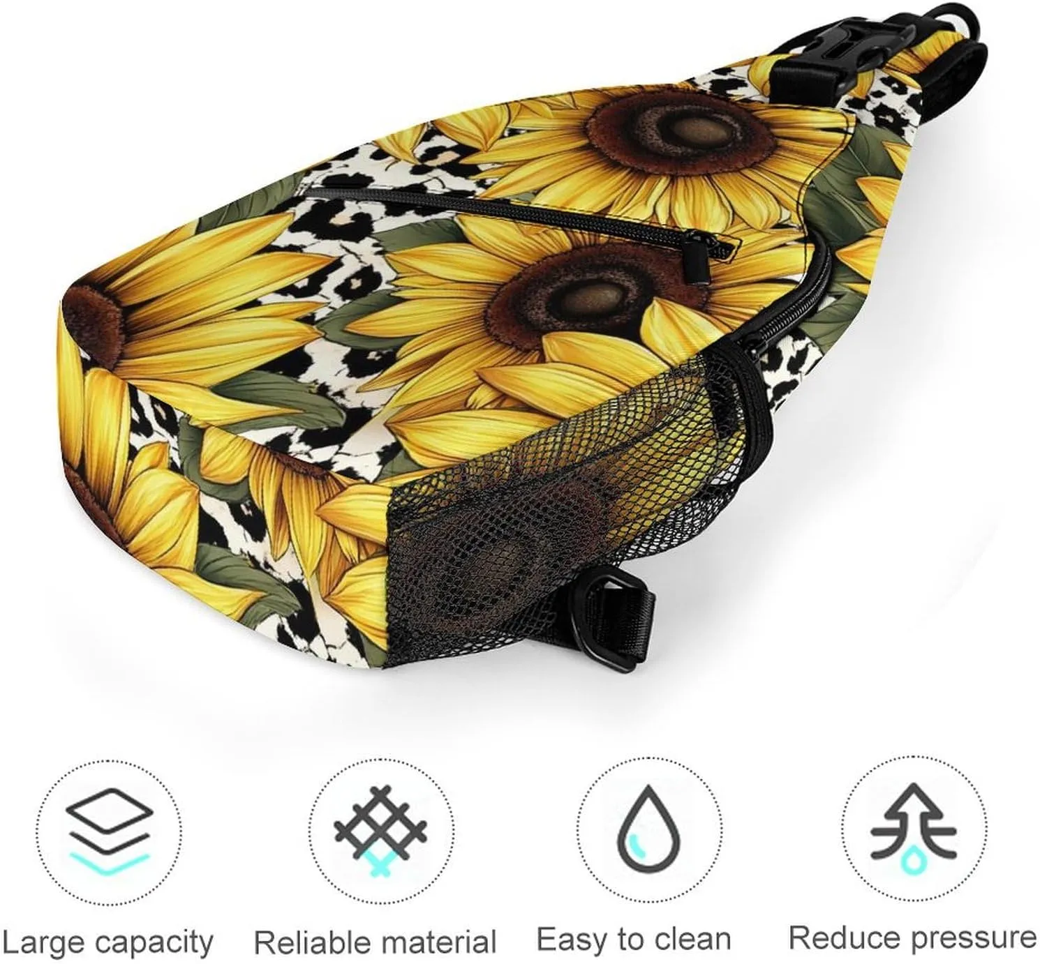 Sling Shoulder Backpack for Women Men Anti-Theft Multipurpose Satchel Bookbags Travel Rucksack Daypack Camera Case, 80S Vintage Sunflower Leopard Cow Print Crossbody Daypacks
