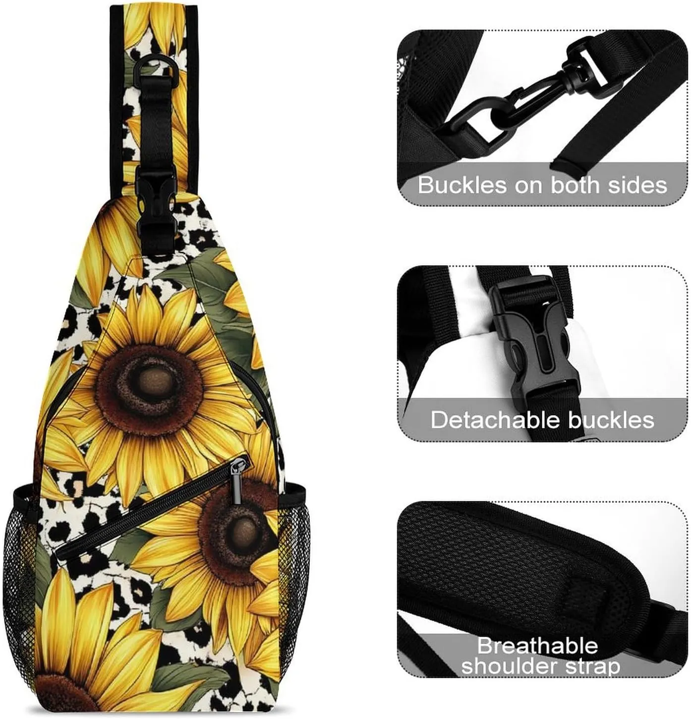 Sling Shoulder Backpack for Women Men Anti-Theft Multipurpose Satchel Bookbags Travel Rucksack Daypack Camera Case, 80S Vintage Sunflower Leopard Cow Print Crossbody Daypacks
