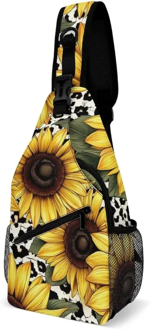 Sling Shoulder Backpack for Women Men Anti-Theft Multipurpose Satchel Bookbags Travel Rucksack Daypack Camera Case, 80S Vintage Sunflower Leopard Cow Print Crossbody Daypacks