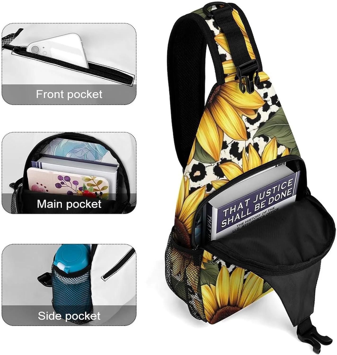 Sling Shoulder Backpack for Women Men Anti-Theft Multipurpose Satchel Bookbags Travel Rucksack Daypack Camera Case, 80S Vintage Sunflower Leopard Cow Print Crossbody Daypacks