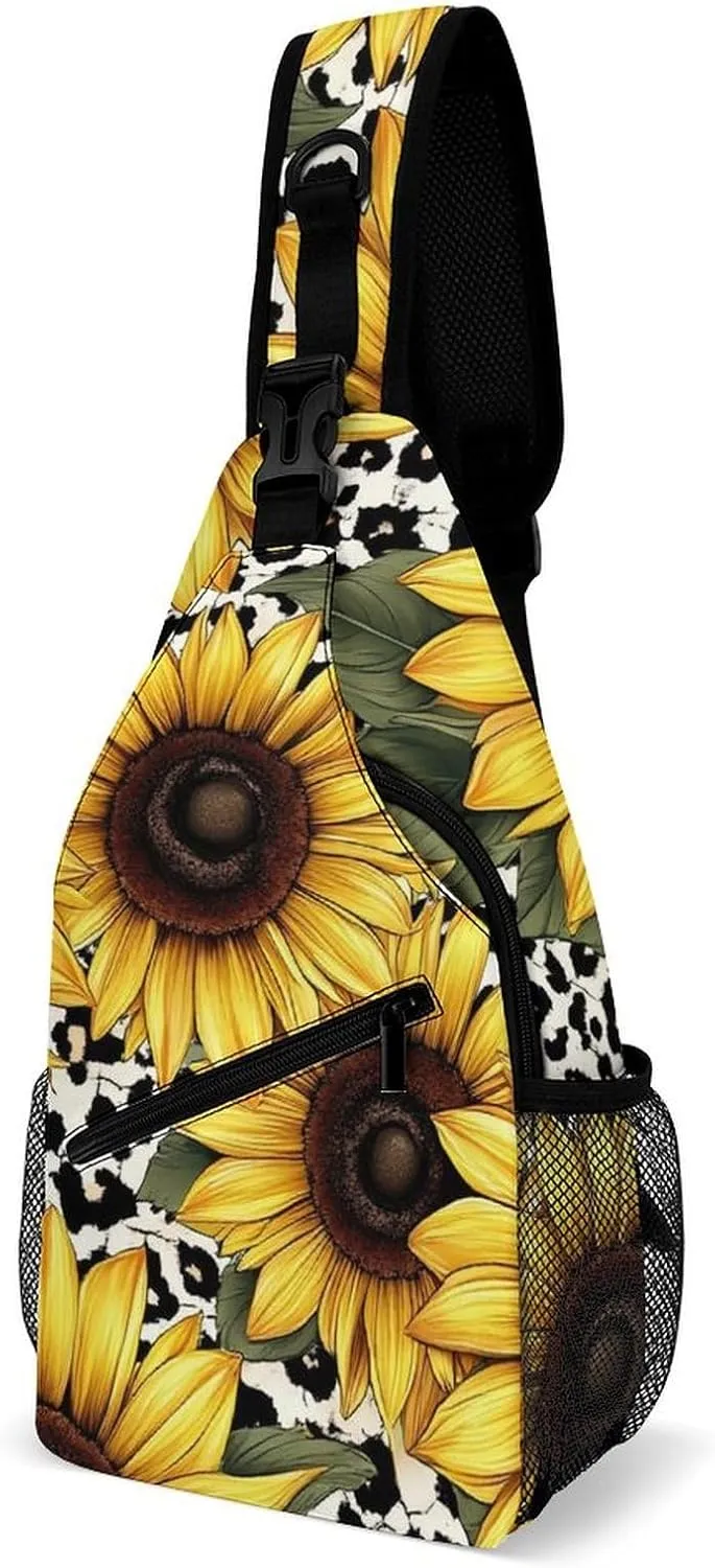 Sling Shoulder Backpack for Women Men Anti-Theft Multipurpose Satchel Bookbags Travel Rucksack Daypack Camera Case, 80S Vintage Sunflower Leopard Cow Print Crossbody Daypacks