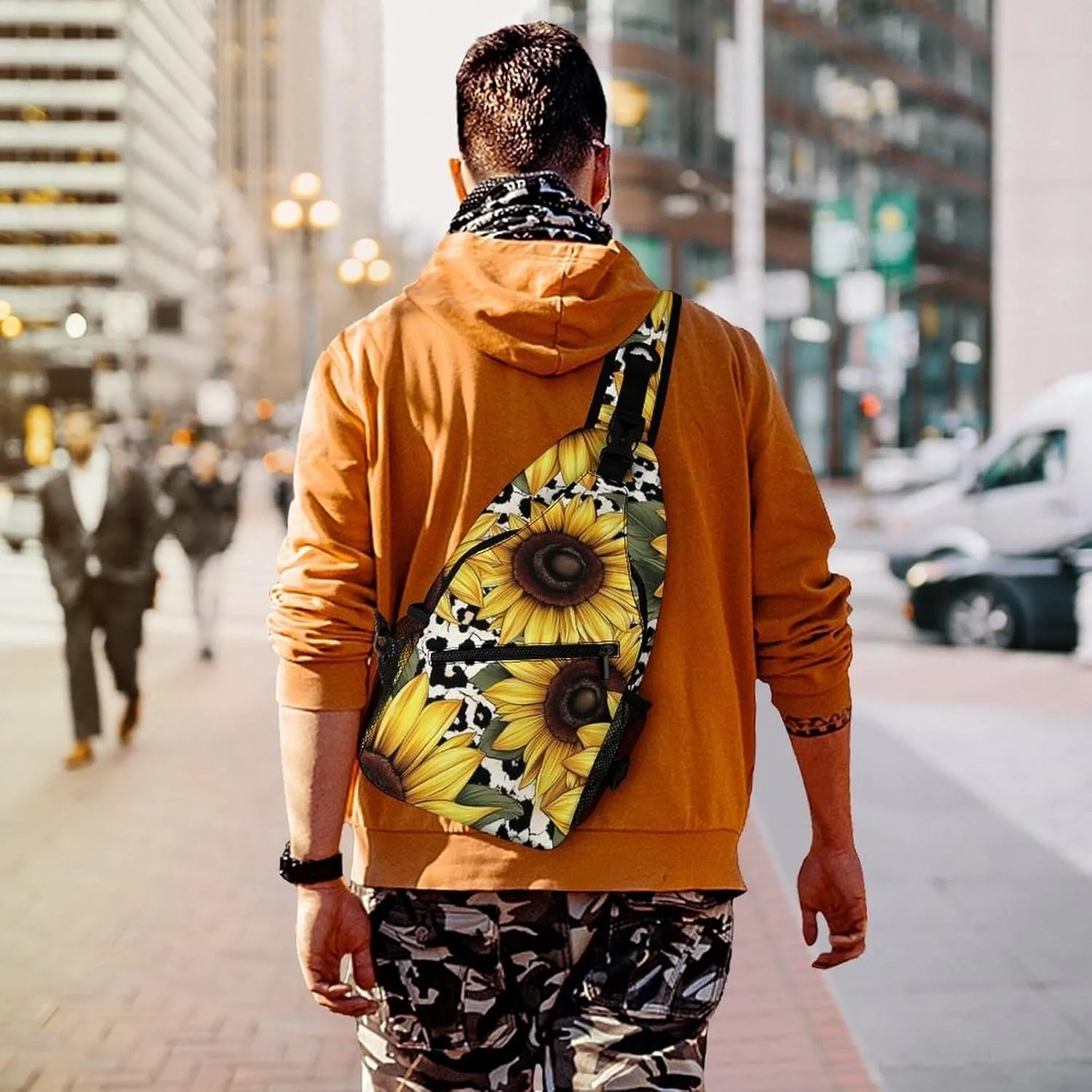 Sling Shoulder Backpack for Women Men Anti-Theft Multipurpose Satchel Bookbags Travel Rucksack Daypack Camera Case, 80S Vintage Sunflower Leopard Cow Print Crossbody Daypacks