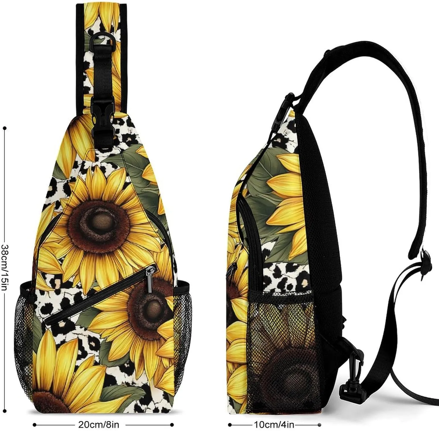 Sling Shoulder Backpack for Women Men Anti-Theft Multipurpose Satchel Bookbags Travel Rucksack Daypack Camera Case, 80S Vintage Sunflower Leopard Cow Print Crossbody Daypacks