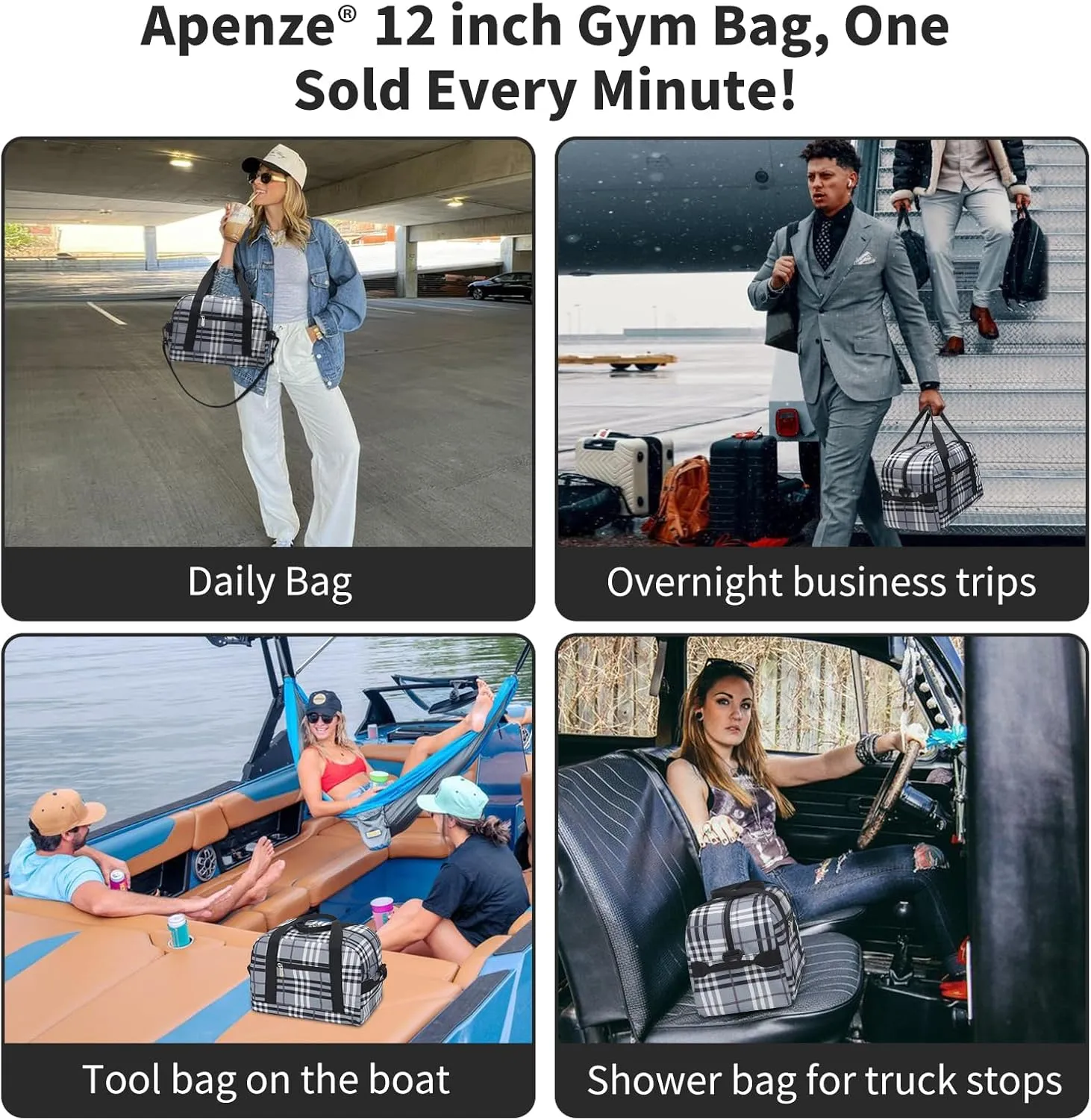 Small Gym Bag Carry On Bag - 12 in Mini Duffle Bag Lightweight for Overnight Travel(Gray white plaid)