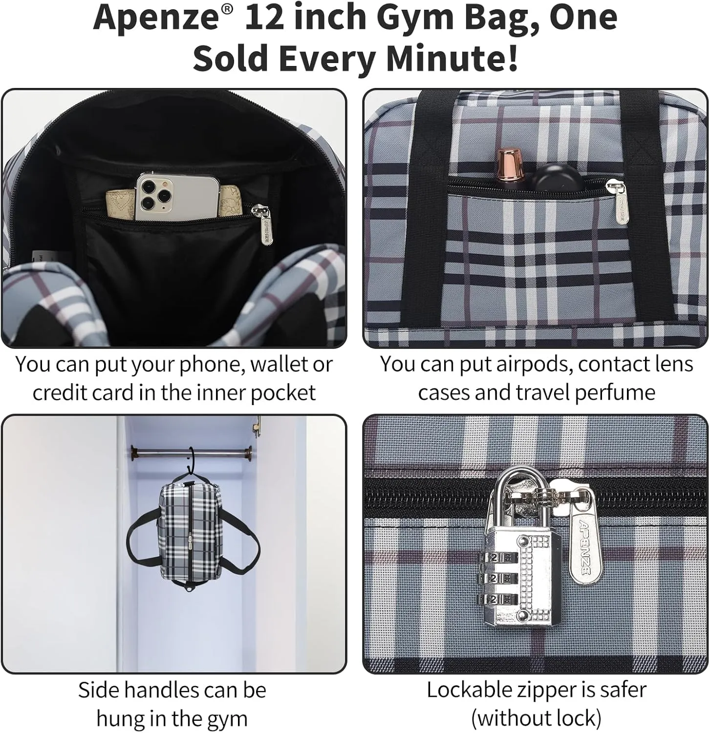 Small Gym Bag Carry On Bag - 12 in Mini Duffle Bag Lightweight for Overnight Travel(Gray white plaid)