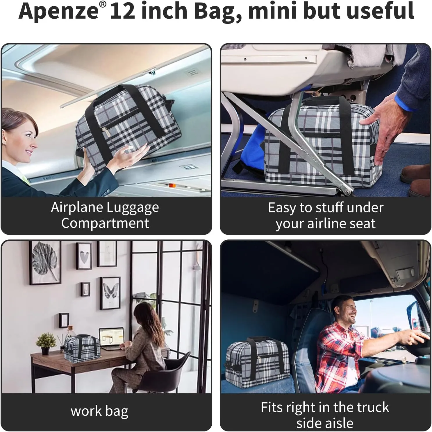 Small Gym Bag Carry On Bag - 12 in Mini Duffle Bag Lightweight for Overnight Travel(Gray white plaid)
