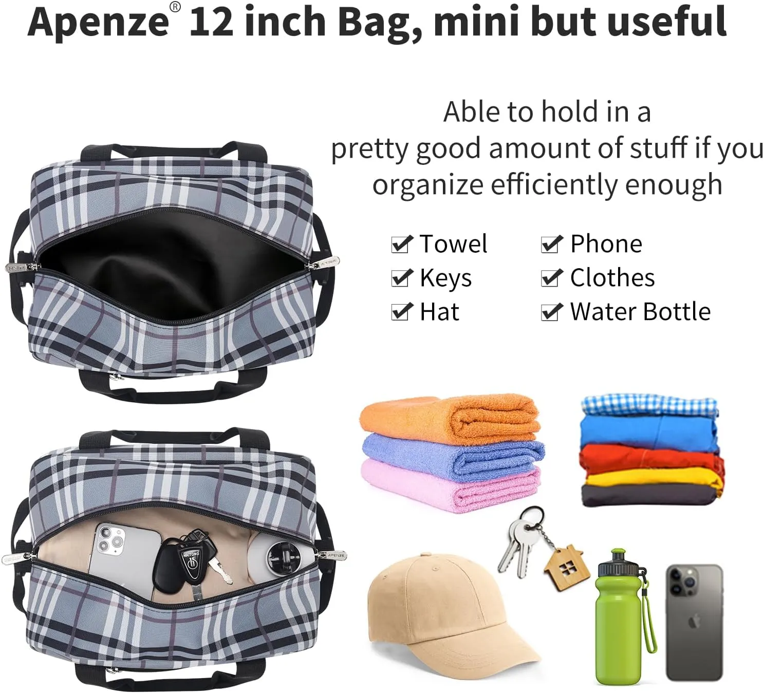 Small Gym Bag Carry On Bag - 12 in Mini Duffle Bag Lightweight for Overnight Travel(Gray white plaid)