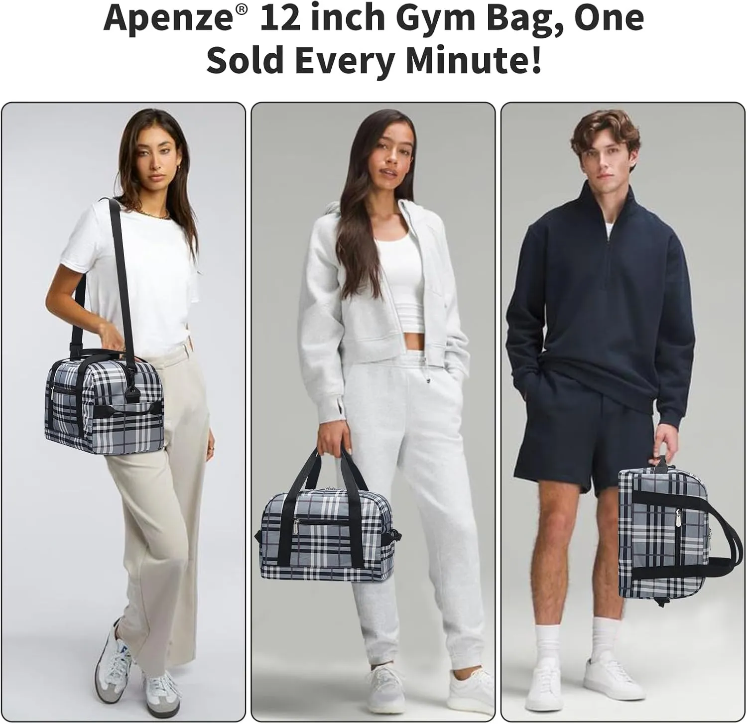 Small Gym Bag Carry On Bag - 12 in Mini Duffle Bag Lightweight for Overnight Travel(Gray white plaid)