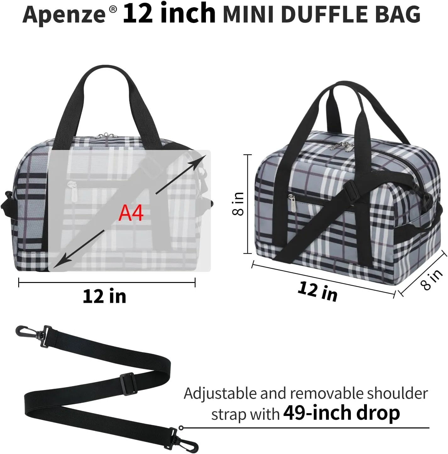Small Gym Bag Carry On Bag - 12 in Mini Duffle Bag Lightweight for Overnight Travel(Gray white plaid)
