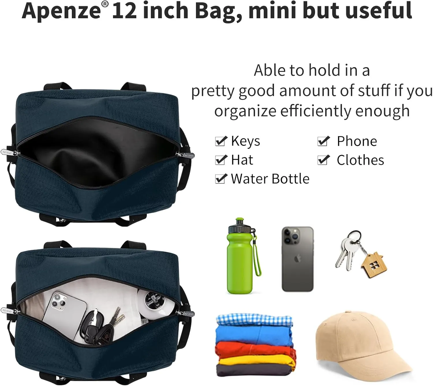 Small Gym Bag Carry On Bag - 12 in Mini Duffle Bag Lightweight for Overnight Travel（Navy Blue）