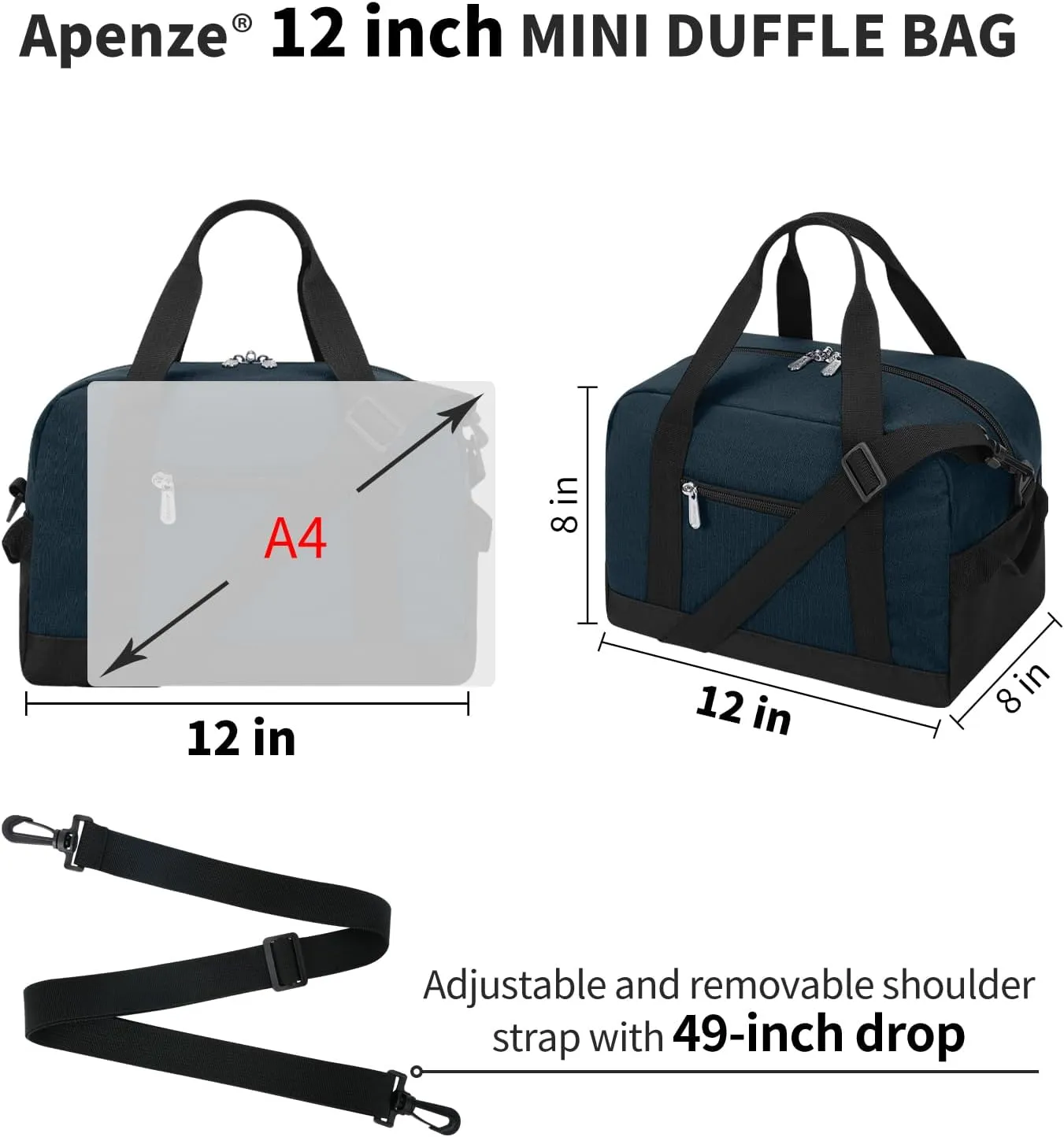 Small Gym Bag Carry On Bag - 12 in Mini Duffle Bag Lightweight for Overnight Travel（Navy Blue）