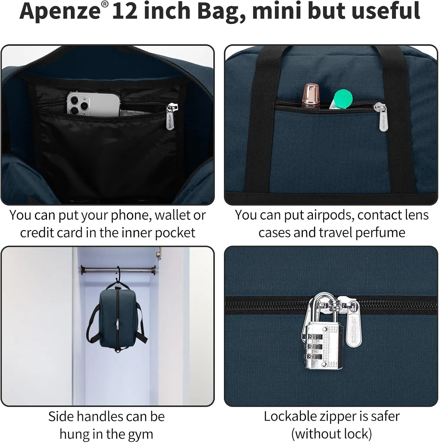 Small Gym Bag Carry On Bag - 12 in Mini Duffle Bag Lightweight for Overnight Travel（Navy Blue）