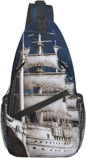 Small Sling Bag for Women Men Vintage Nautical White Ship Crossbody Bag Casual Hiking Chest Bags Fashion Fanny Pack