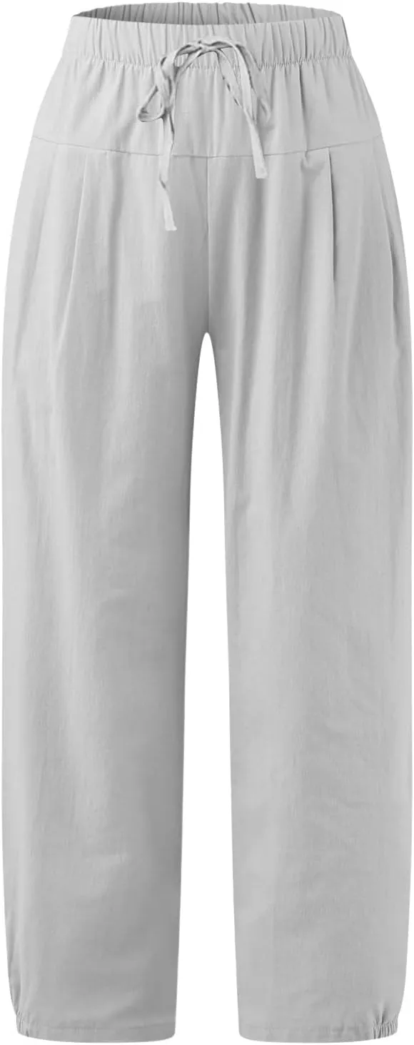 SMIDOW Womens Cotton and Linen Pants Drawstring High Waisted Wide Leg Pant Casual Loose Cropped Trousers with Pockets