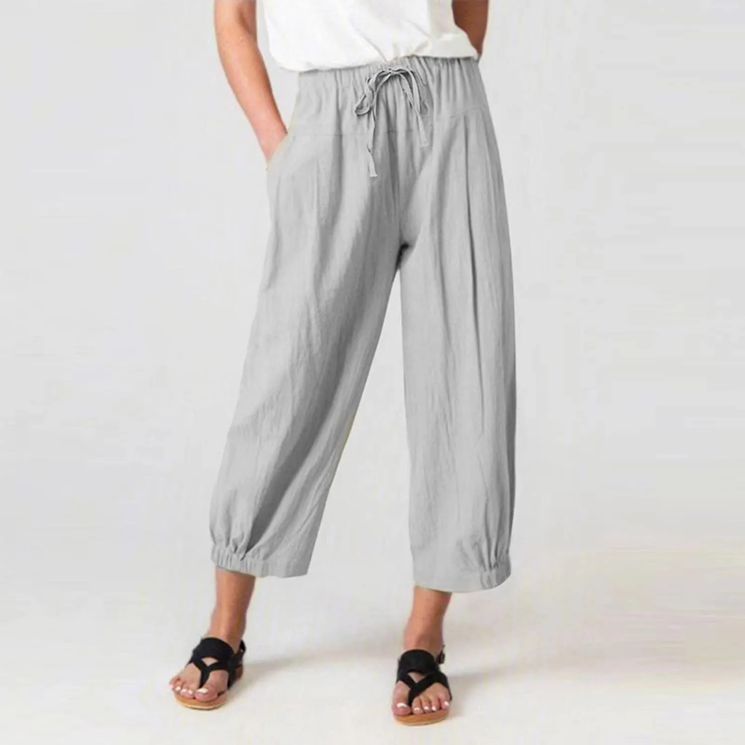 SMIDOW Womens Cotton and Linen Pants Drawstring High Waisted Wide Leg Pant Casual Loose Cropped Trousers with Pockets