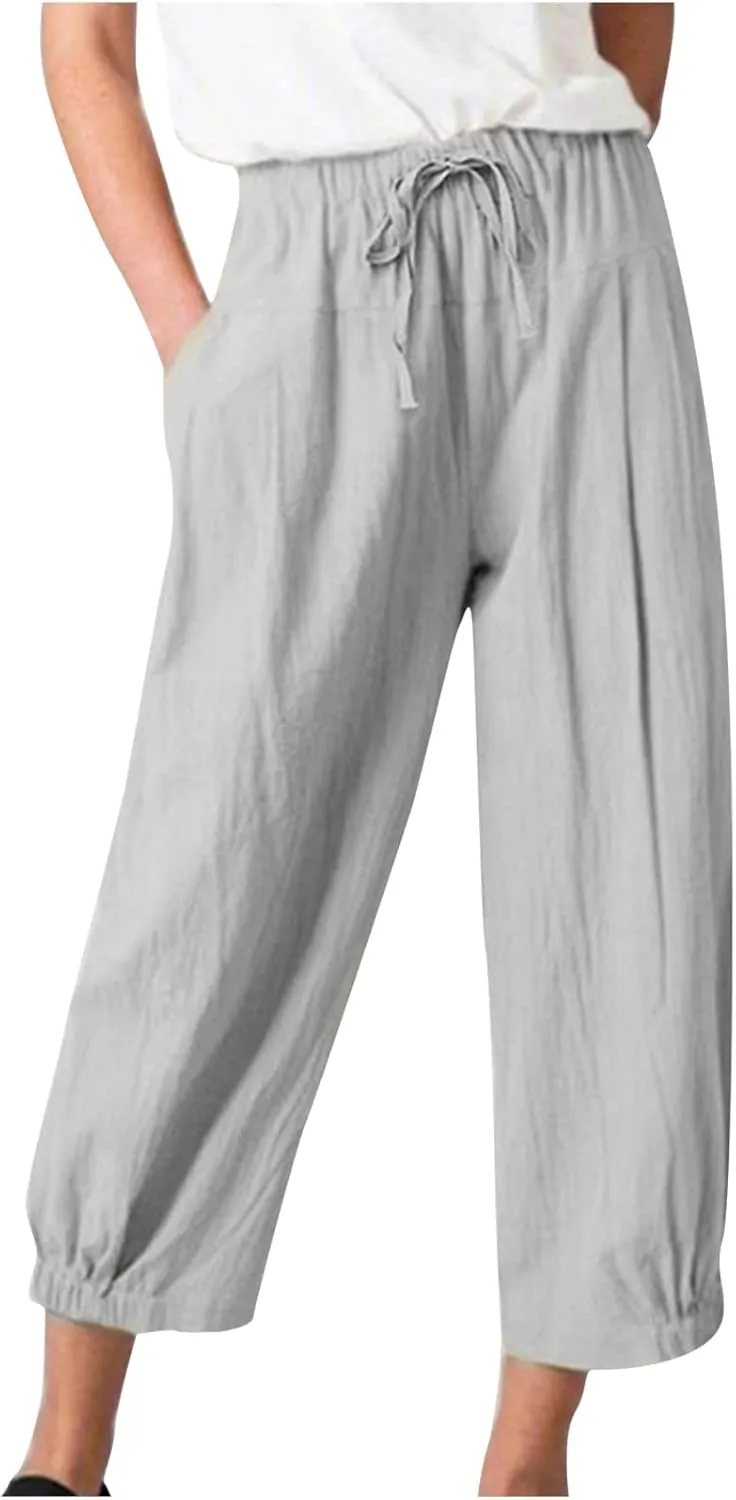 SMIDOW Womens Cotton and Linen Pants Drawstring High Waisted Wide Leg Pant Casual Loose Cropped Trousers with Pockets
