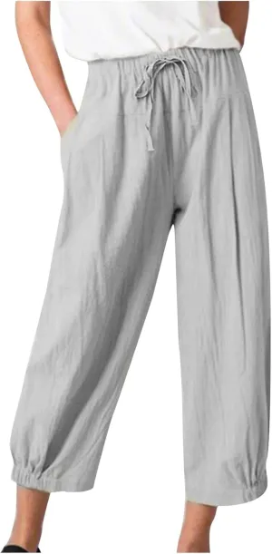 SMIDOW Womens Cotton and Linen Pants Drawstring High Waisted Wide Leg Pant Casual Loose Cropped Trousers with Pockets