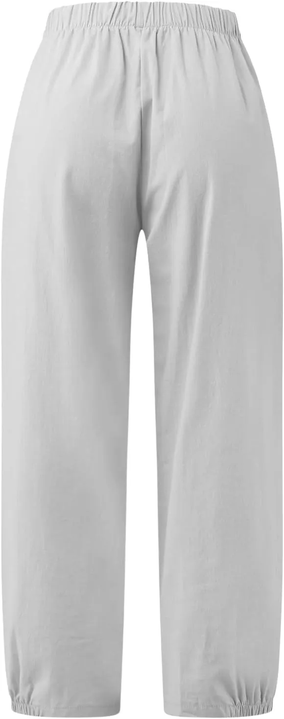 SMIDOW Womens Cotton and Linen Pants Drawstring High Waisted Wide Leg Pant Casual Loose Cropped Trousers with Pockets