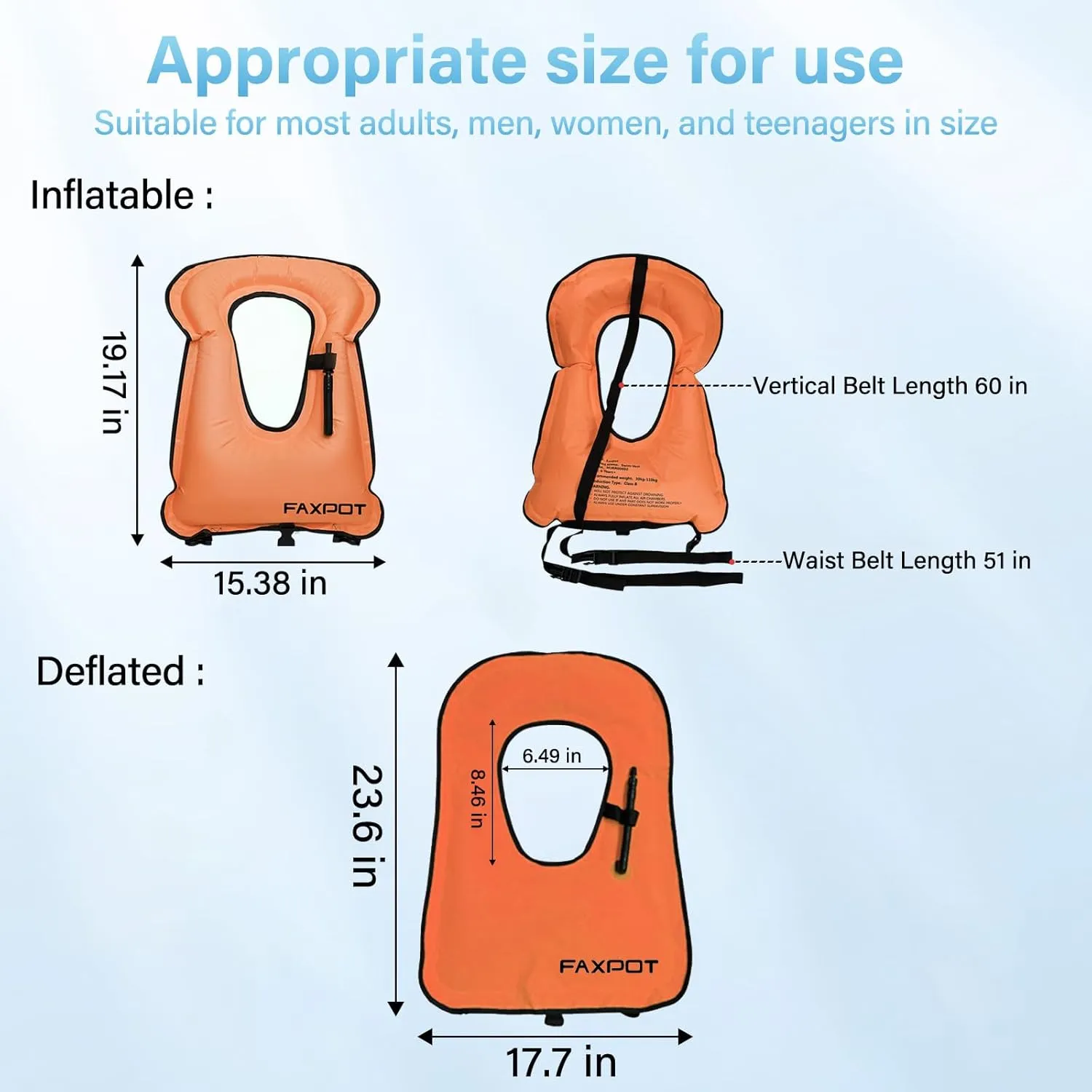 Snorkel Vest, Adults Portable Kayaking Buoyancy Inflatable Swim Vest Jackets, Diving Surfing Adjustable Snorkeling Vest Swimming Jacket for Outdoor Water Sports Fun Safety