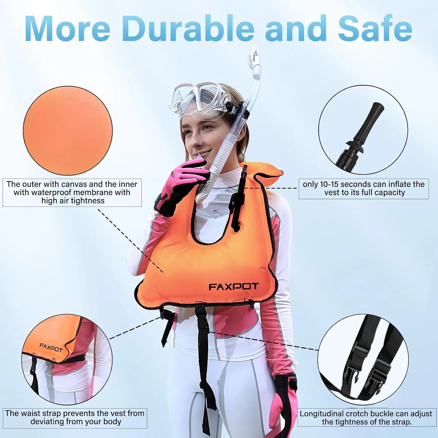 Snorkel Vest, Adults Portable Kayaking Buoyancy Inflatable Swim Vest Jackets, Diving Surfing Adjustable Snorkeling Vest Swimming Jacket for Outdoor Water Sports Fun Safety