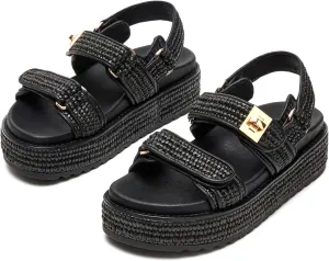 SOVANYOU Raffia Platform Wedge Sandals for Women Comfortable Summer Beach Sandals Open Toe Slingback Platform Sandals with Adjustable Double Buckle