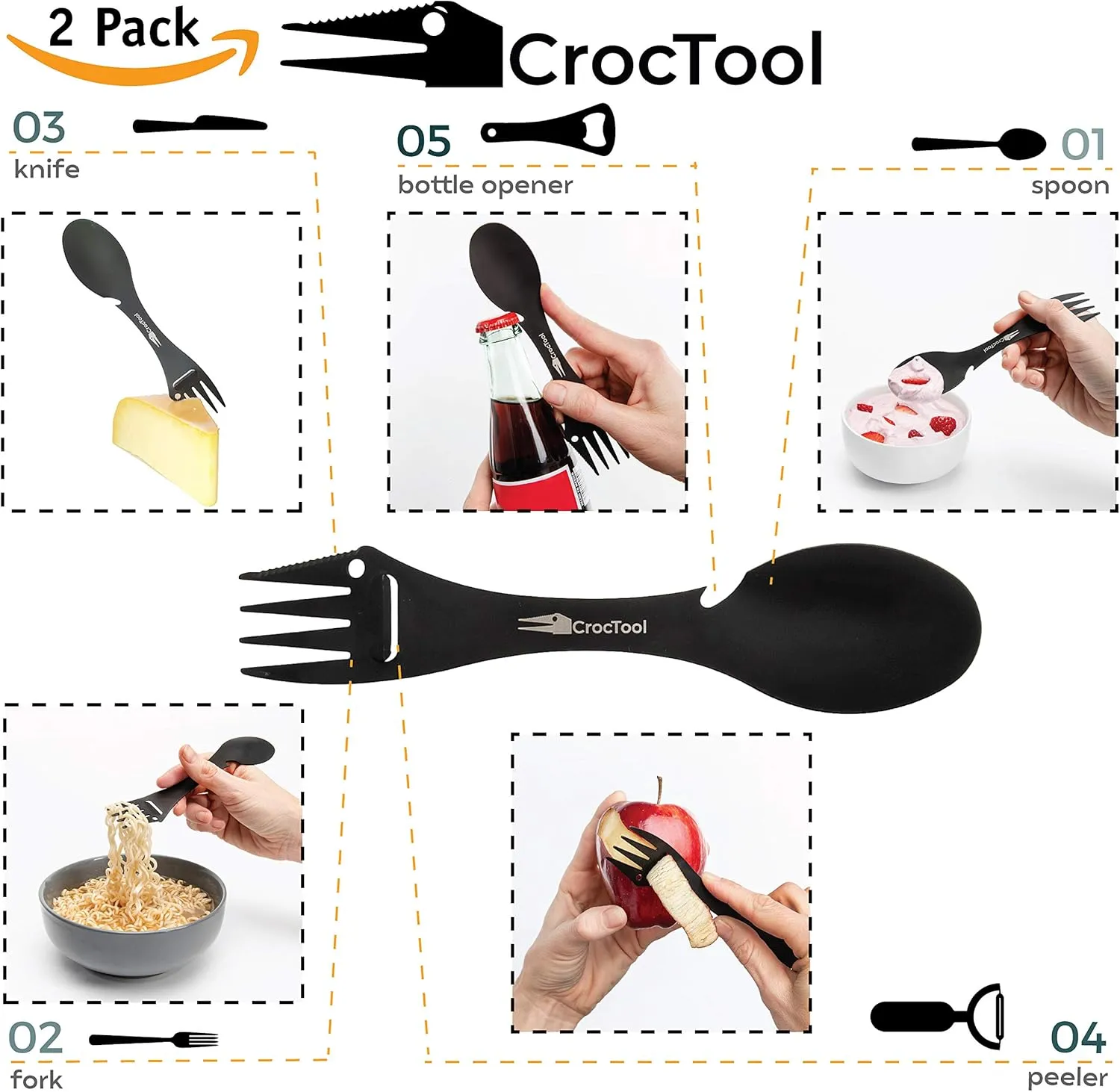 Spork Ultra Lightweight and Strong 5 in 1 Camping Utensil Set-Spoon Fork Knife Peeler Bottle Opener Bag Carry case. Ideal for Outdoors, Home or Office