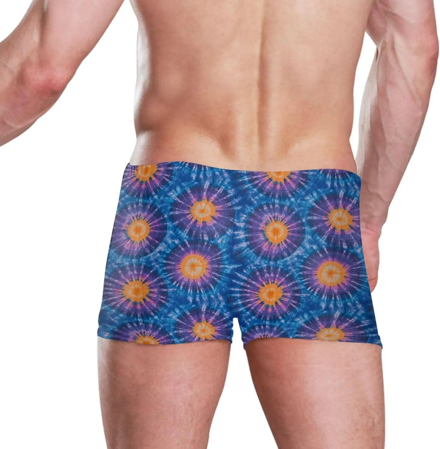 Square Leg Swim Briefs for Men, Tie Dye Circle Print Athletic Jammers Swimsuit Shorts S