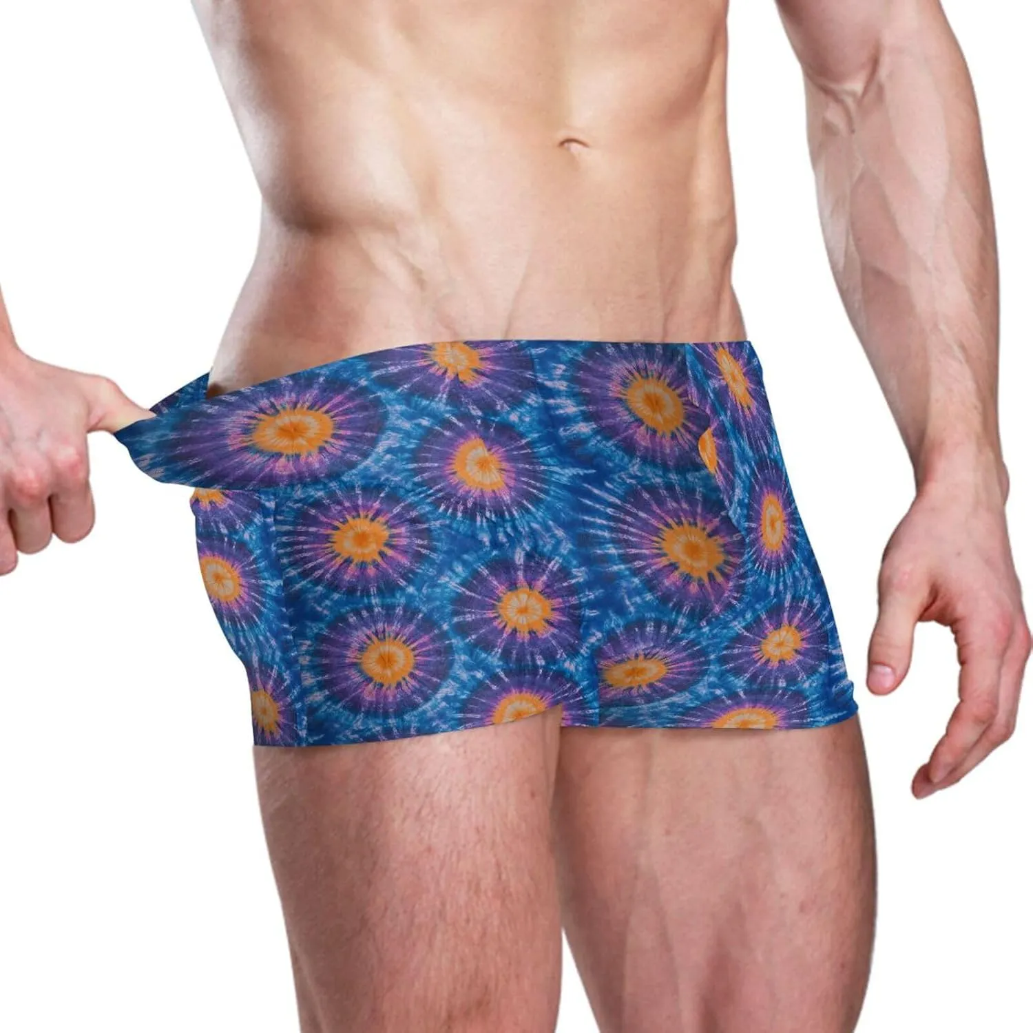 Square Leg Swim Briefs for Men, Tie Dye Circle Print Athletic Jammers Swimsuit Shorts S