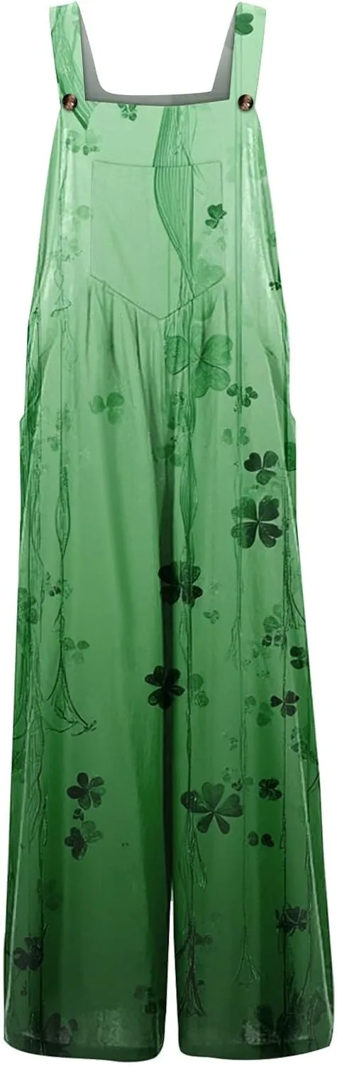 St Patricks Day Clothing Womens Jumpsuits Irish Baggy Cartoon Trousers Picnic Activities Going Out Jumpsuit with Pocket