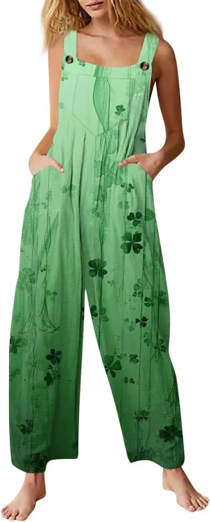 St Patricks Day Clothing Womens Jumpsuits Irish Baggy Cartoon Trousers Picnic Activities Going Out Jumpsuit with Pocket