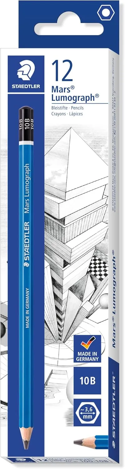 Staedtler Mars Lumograph 10B Graphite Art Drawing Pencil, Very Soft, Break-Resistant Bonded Lead, 12 Pack, 100-10B