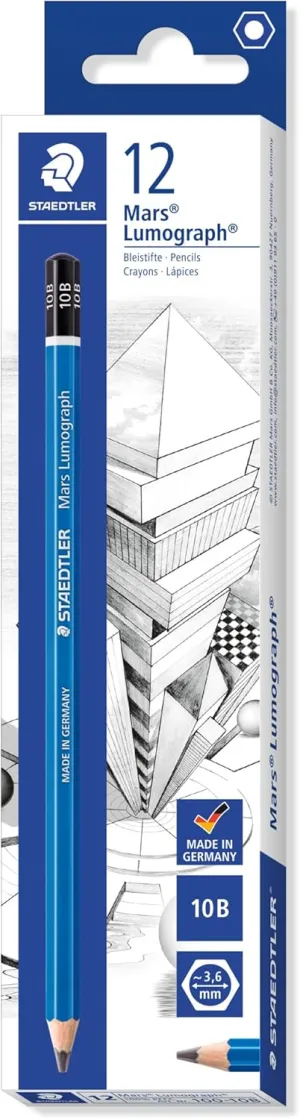 Staedtler Mars Lumograph 10B Graphite Art Drawing Pencil, Very Soft, Break-Resistant Bonded Lead, 12 Pack, 100-10B
