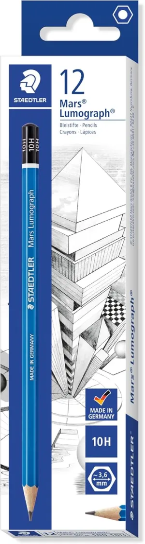 Staedtler Mars Lumograph 10H Graphite Art Drawing Pencil, Very Hard, Break-Resistant Bonded Lead, 12 Pack, 100-10H