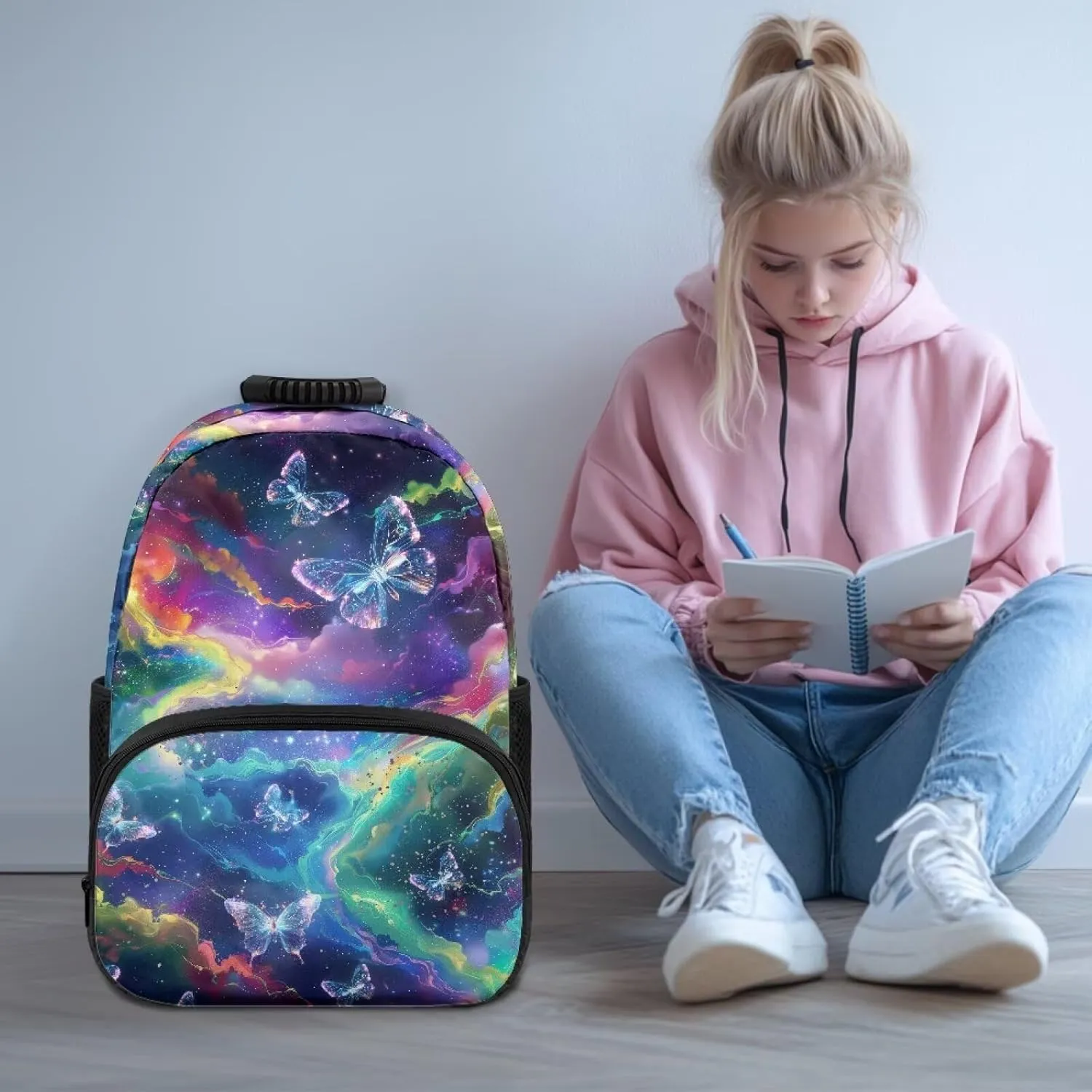 Starry Sky Womens College Backpack Butterfly Travel Luggage Bagpack 2 Water Bottle Side Pockets School Bag 17 Inch Travel Business Hiking Fit