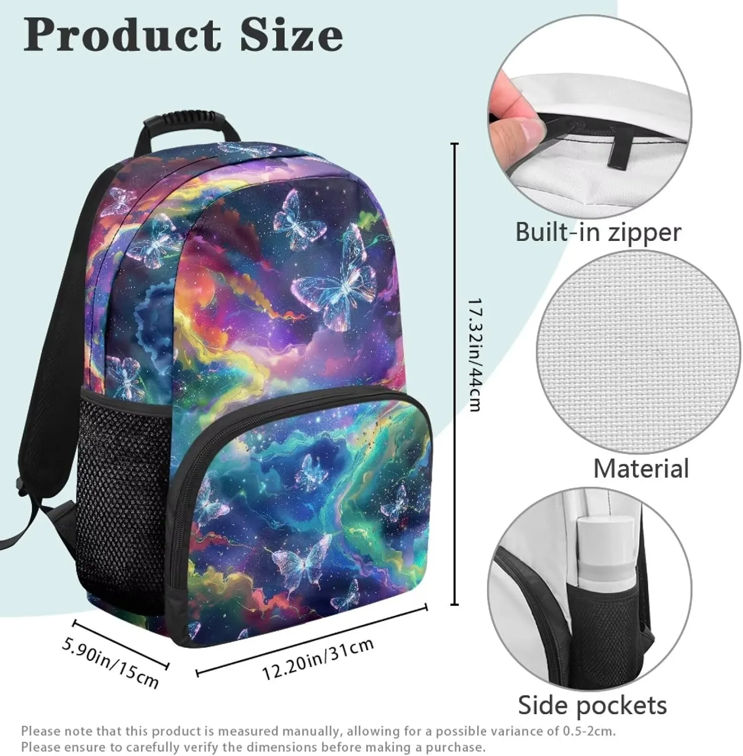 Starry Sky Womens College Backpack Butterfly Travel Luggage Bagpack 2 Water Bottle Side Pockets School Bag 17 Inch Travel Business Hiking Fit