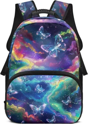 Starry Sky Womens College Backpack Butterfly Travel Luggage Bagpack 2 Water Bottle Side Pockets School Bag 17 Inch Travel Business Hiking Fit